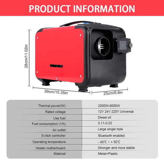 Încălzitor Diesel Universal 12V/24V/220V „All in One” cu Bluetooth, Telecomandă și Ecran LCD – Încălzire Rapidă și Silențioasă pentru Mașină, Rulotă, Barcă sau Atelier